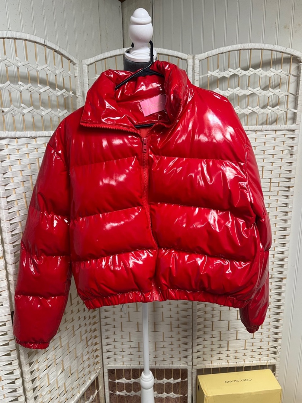 AKIRA Glossy Red Cropped Puffer Jacket